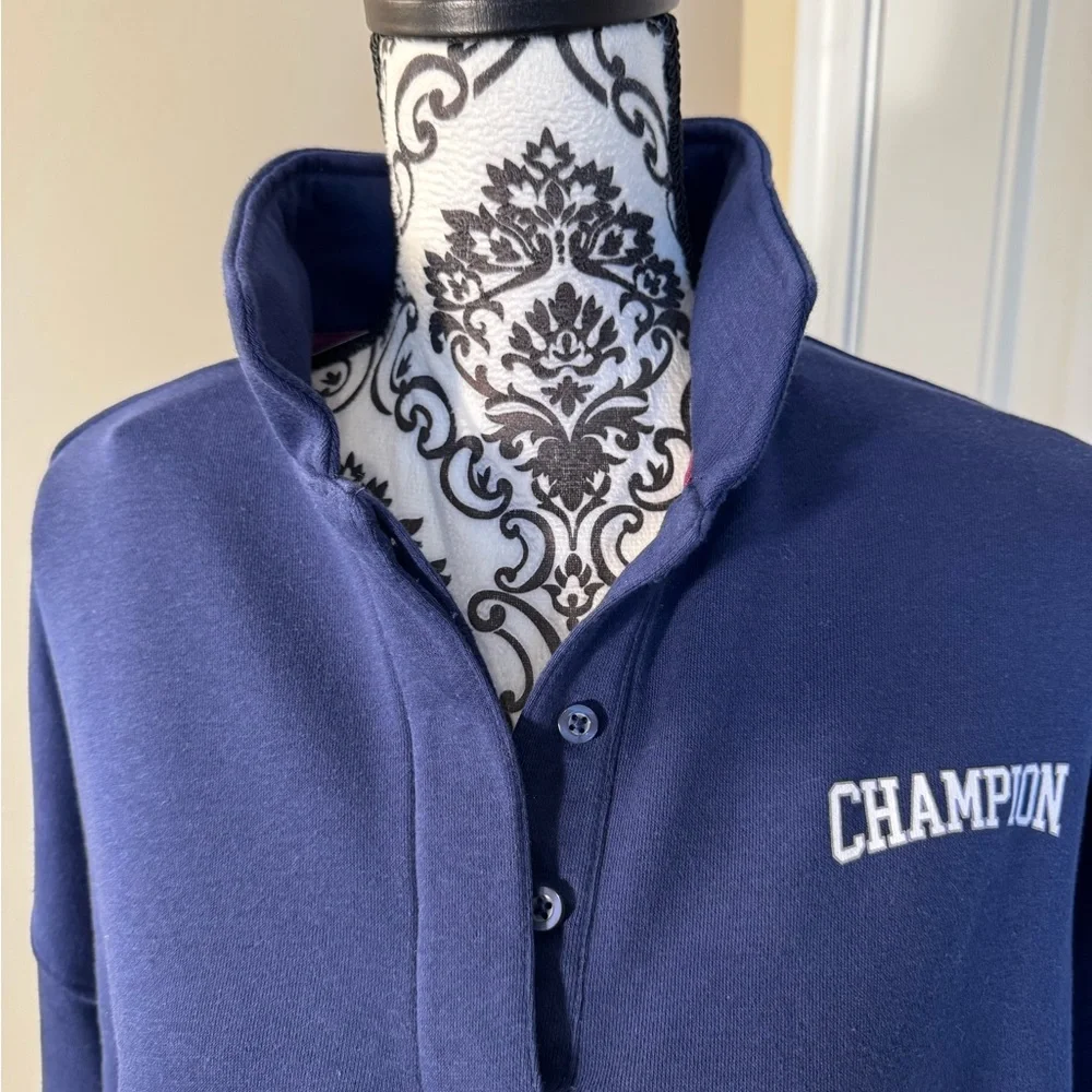 Champion Navy Blue Quarter-Button Pullover Sweatshirt NWT - Picture 2 of 8